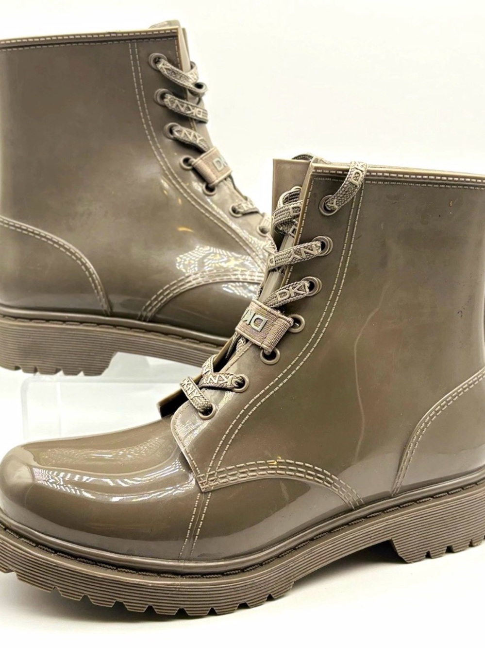 DKNY Glossy Taupe Lace-Up Ankle Boots